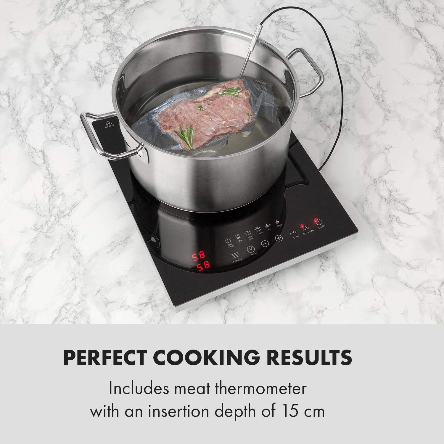 Klarstein Cook n Roll - Placa de inducción, 2000 W, 6 programas de cocción, 10 niveles de temperatura, 40-160 °C, Función Sous-vide, Apagado automático, Control táctil, Pantalla LED, Termómetro, Negro