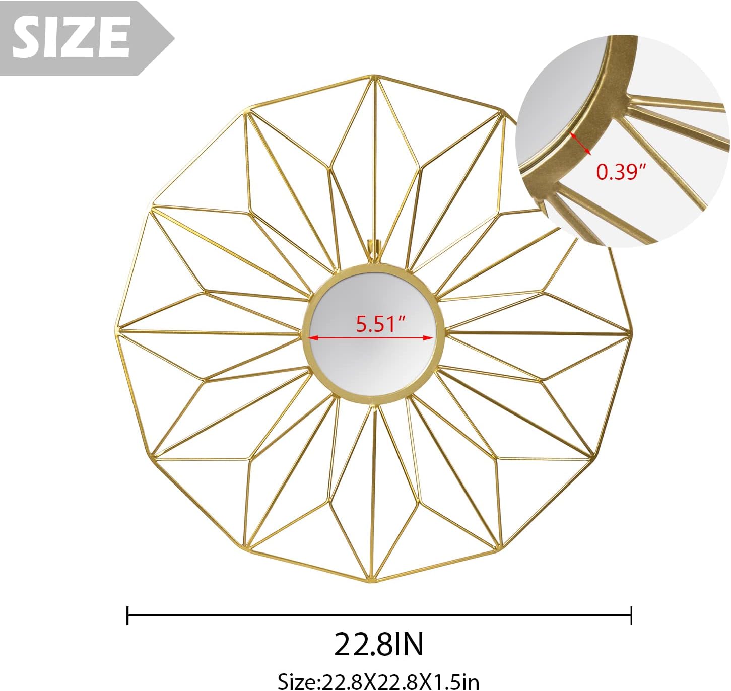 Asense 23 Inch Metal Wall Circle Mirrors Decor Round Classic Hanging Wall Art Modern Decoration for Home Decor Bathroom Bedroom Living Room(Gold)