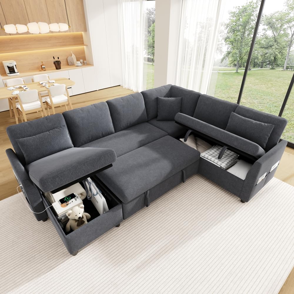 Sofá esquinero L/U con función de cama de 6 plazas, chaise longue y 2 plazas con almacenamiento, montaje reversible derecha/izquierda, USB y Type-C, bolsillo lateral, 3 cojines, lino, gris