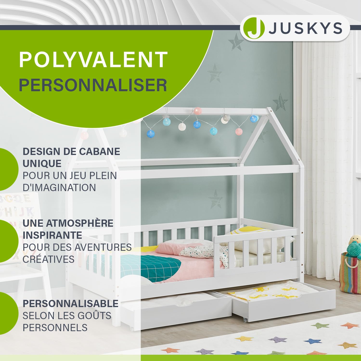 Juskys Lit cabane Enfant Marli 80x160 cm avec 2 tiroirs, Protection antichute, sommier à Lattes et Toit, Lit Maison Montessori en Bois Massif, Blanc