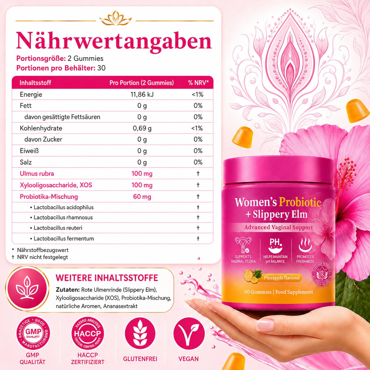 Probiotika Gummies für Frauen, 60 Stück – Cortisol Cocktail Routine, Milchsäurebakterienkulturen mit Roter Ulmenrinde & XOS, Ananasgeschmack, zuckerfrei, vegan, glutenfrei