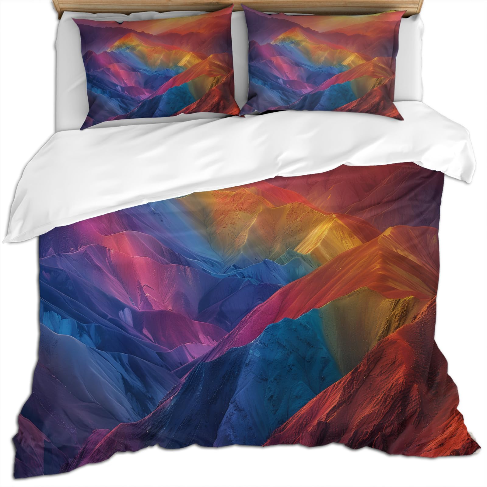 YUAUKIE Colorful Mountains Duvet Cover Set Queen Size, Sunset Comforter Cover, Natural Landscape Bedding Sets 3 Piece for Kids Aldult Bedroom with