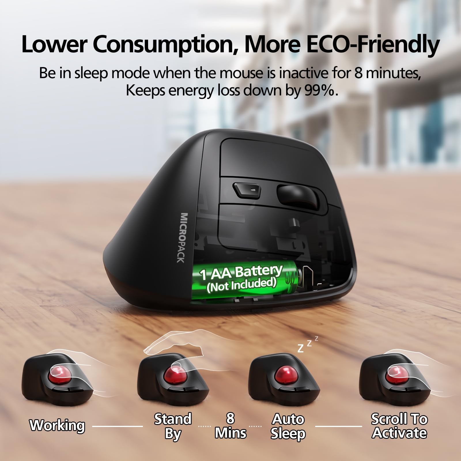 MicroPack Ergonomiczna mysz bezprzewodowa z trackballem i 5 regulowanymi DPI, łatwe sterowanie kciukiem, precyzyjne i płynne śledzenie. Aktualizacja Bluetooth średniej wielkości mysz praworęczna do
