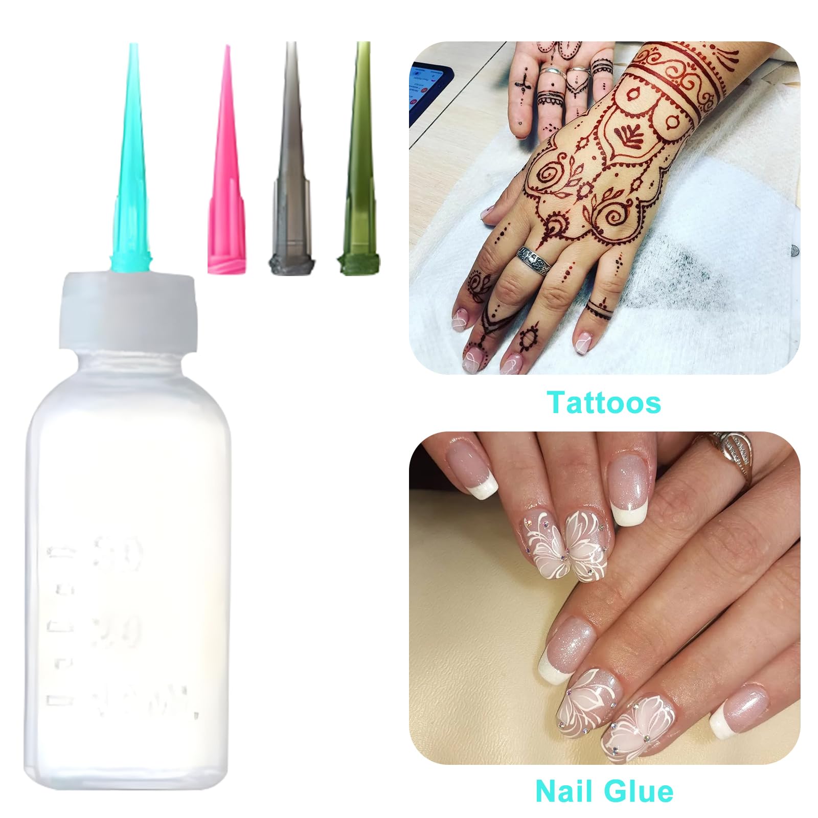 CAILI Bouteille en plastique de tatouage,Tip Precision Applicateur Set bouteilles Contient 2 bouteilles applicateurs vides avec 16 aiguilles Conseils