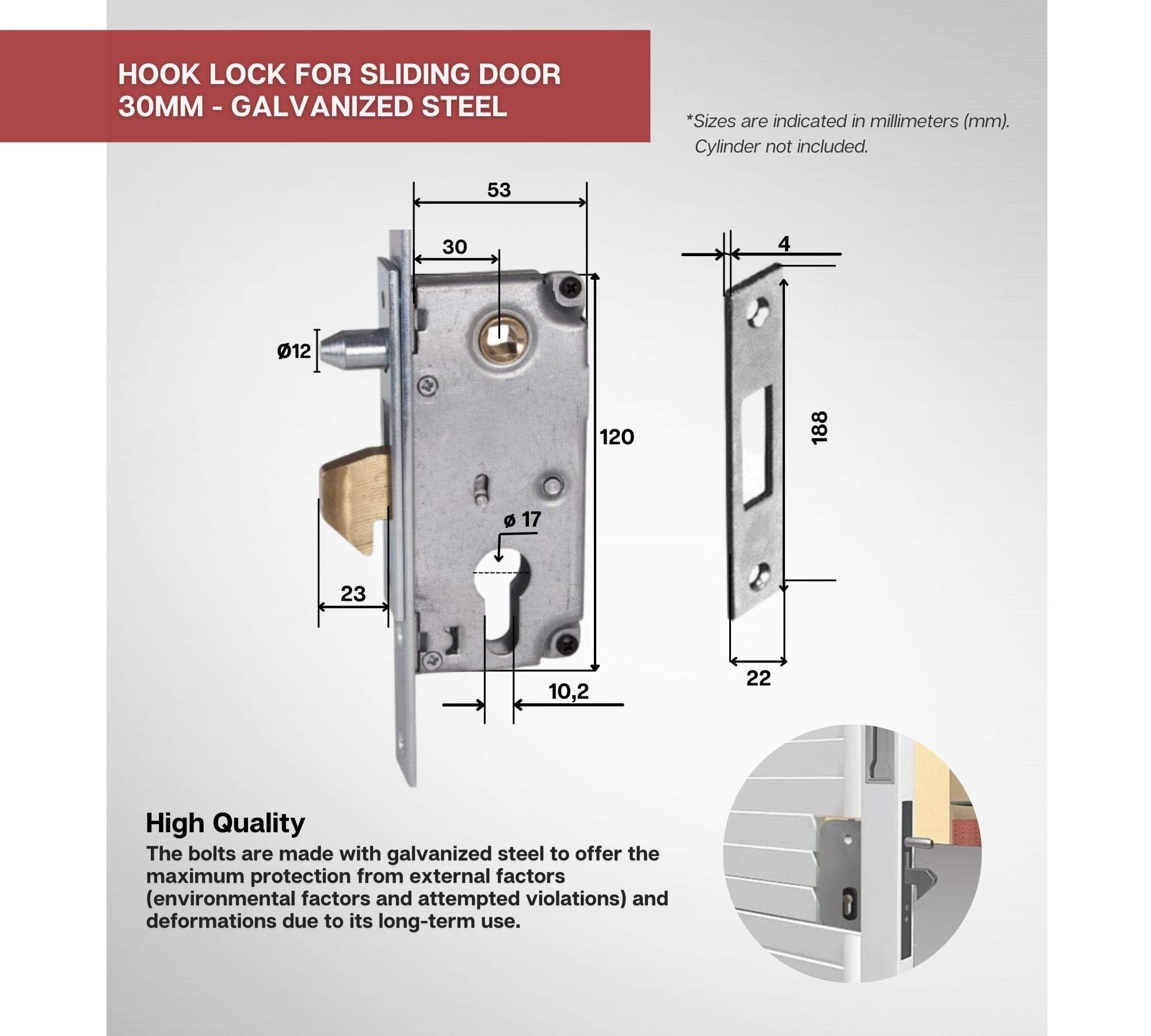 DOJA Industrial | Cerradura Gancho Puerta | 30 mm | 1 unidad | Cerraduras de Embutir para Puertas Correderas | Herraje para Puerta Corredera a suelo | Uso: Interior y Exterior