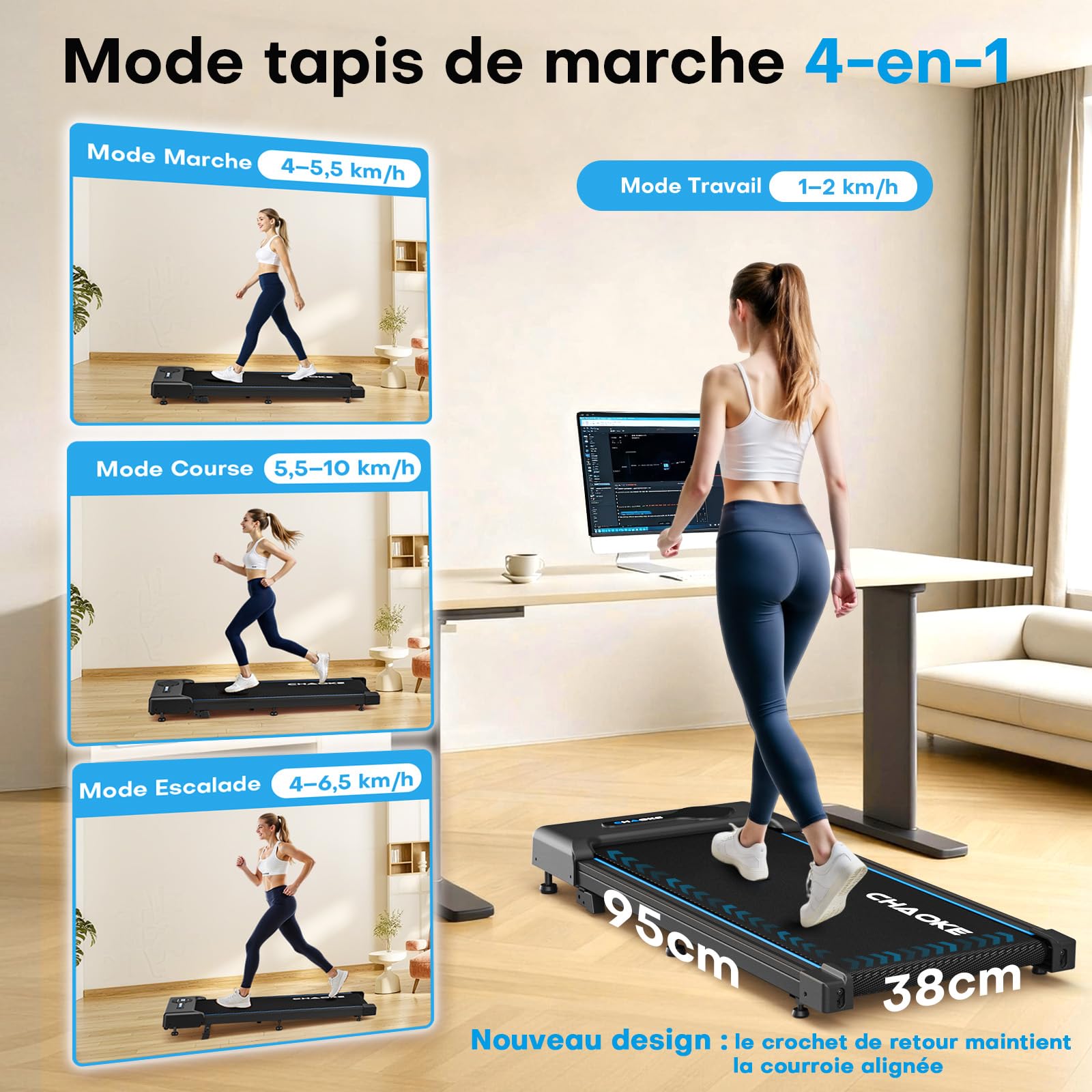 Tapis de Marche CHAOKE avec Inclinaison de 9%, Tapis de Course sous Bureau Jusqu’à 10 km/h, Moteur Silencieux de 2,75 CV, Capacité Maximale de 150 kg, avec 12 Programmes HIIT et Télécommand