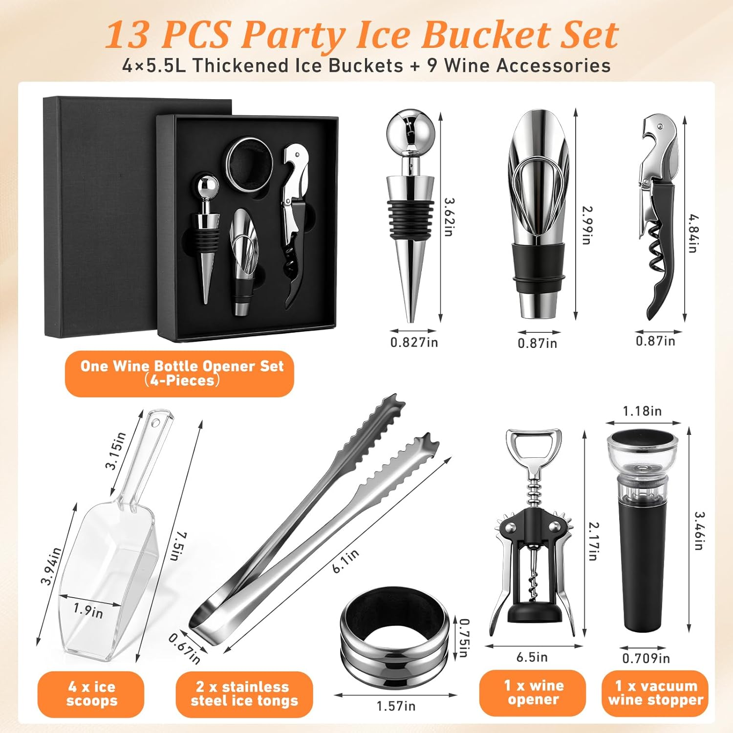 4 Pcs Ice Buckets for Parties Large 5.5L Clear Acrylic Beverage Tubs Portable Cooler Barrel with Scoops Tongs Wine Opener Vacuum Wine Stoppers Mimosa Bar Supplies for Champagne Beer Beverage