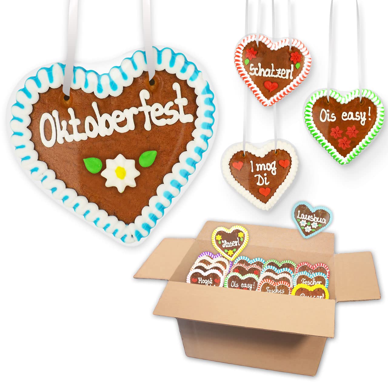 20x Lebkuchenherzen Mischkarton mit klassischen Oktoberfest Sprüchen, 12 cm | LEBKUCHEN WELT Premium Qualität Frisch & Saftig! Lebkuchenherz Wiesn Motto Party – Give-aways, Gastgeschenke, Volksfest