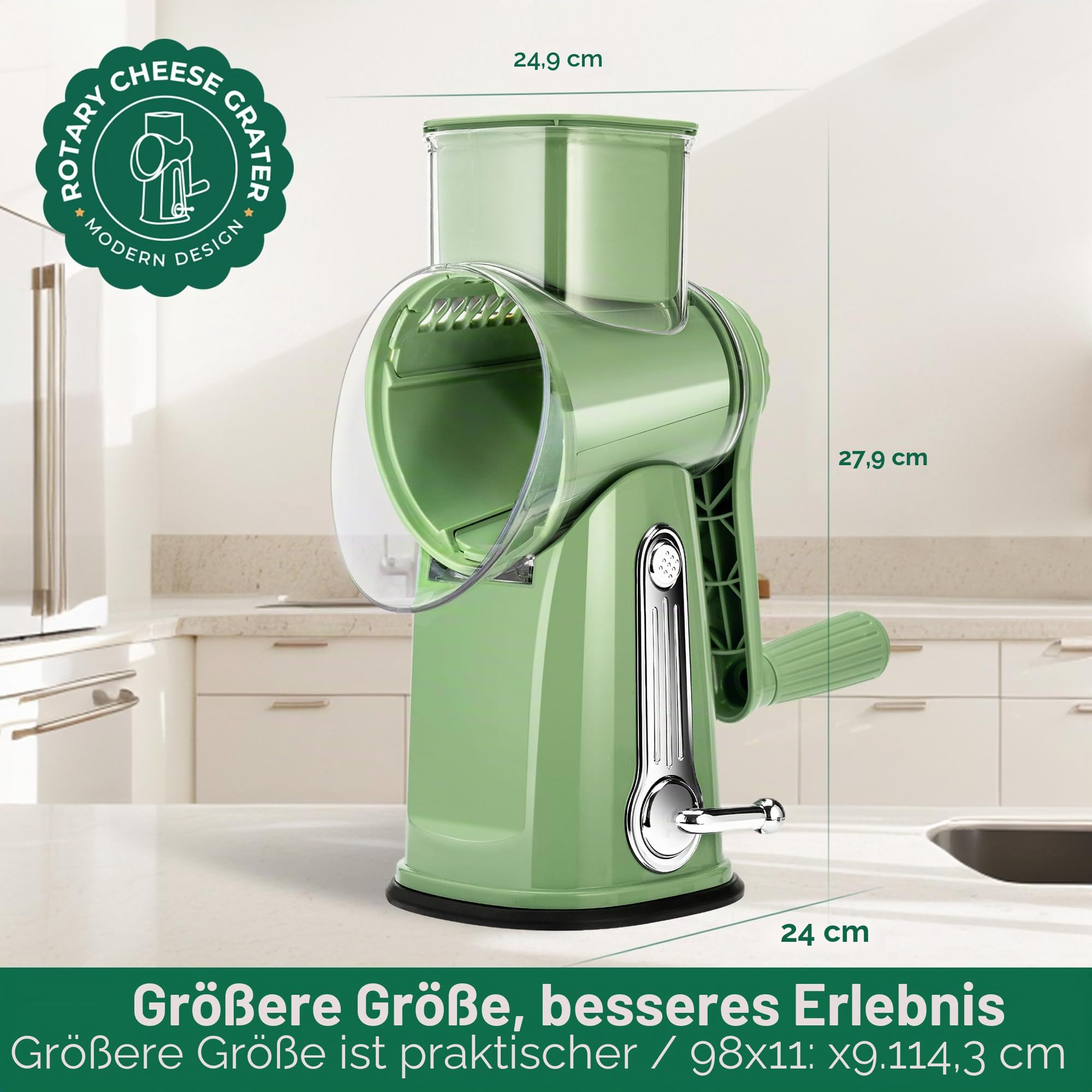SUSTEAS Käsereibe mit Kurbel - Reibe für Gemüse mit 5 Trommelblättern, Starkem Saugfuß, Gemüseschneider,ideal für Käse,Gurken, Karotten,Nüsse,Gemüse usw, mit Klingenaufbewahrungsbox (Retro-Grün)