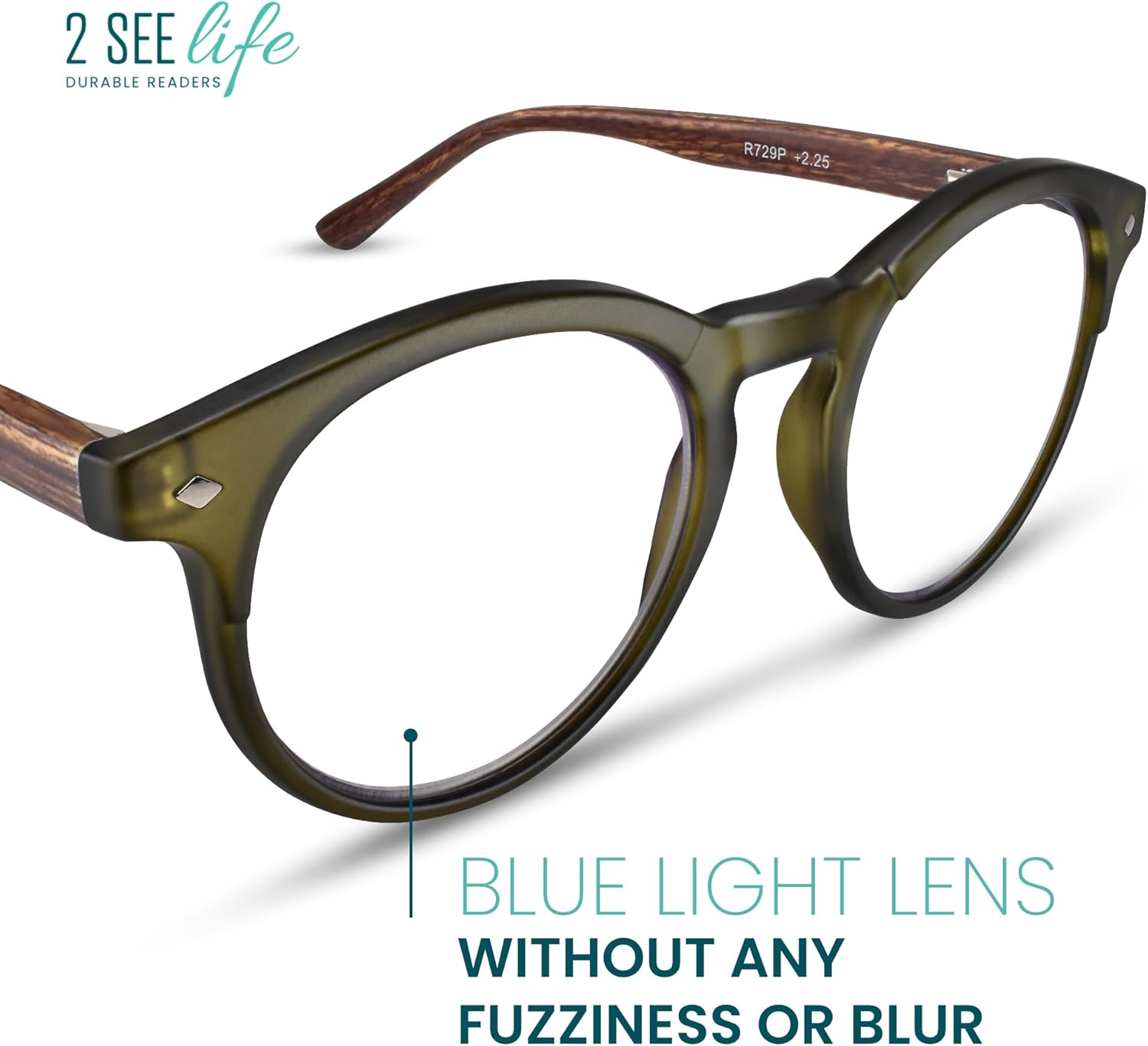 2SeeLife Large Round TR-90 Reading Glasses for Men & Women – Medium-Large Fit, Durable, Spring Hinges, Blue Light Readers, Green, +2.00 Green 2.0 x