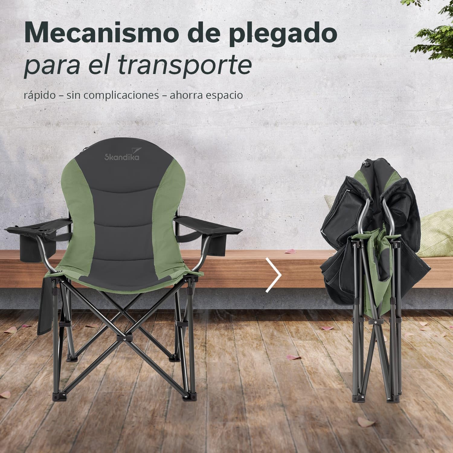 skandika Relax Comfort Silla de Camping - cómoda, Plegable y con portabebidas - máx. Peso Usuario de 150 kg - Bolsa de Transporte (Verde/Gris)