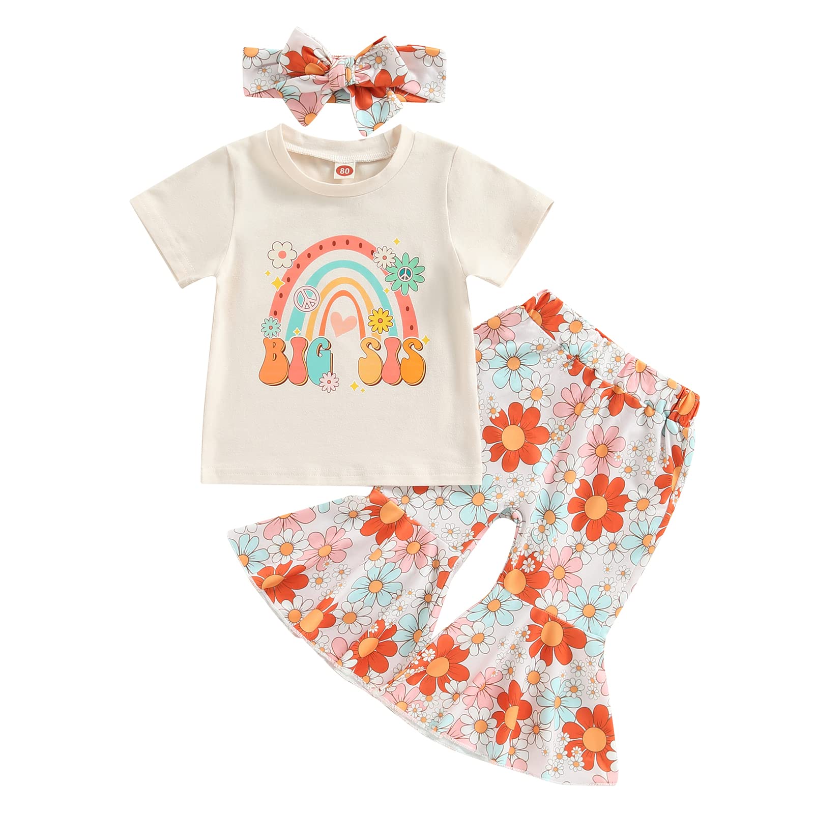 WALLARENEAR Newborn Baby Girls Letter Print Short Sleeve Romper Flower Flare Pants Headband Little Sister Matching Outfits