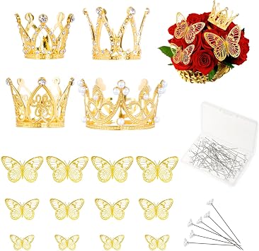 66PCS Flower Bouquet Accessories Gold, Cake Crown Topper, Mini Crowns Decoration for Birthday Wedding
