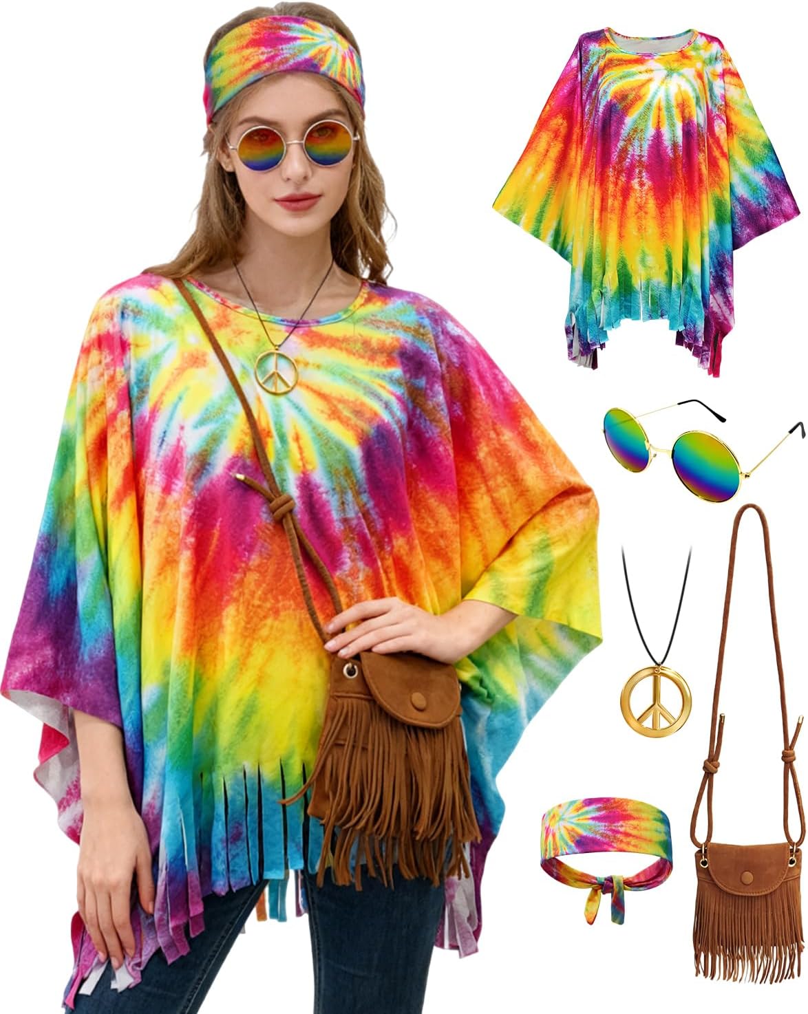 Womens Hippie Costume Clothes 70s Outfits Tie Dye Poncho with Accessories Fringe Crossbody Bag Sunglasses Necklace