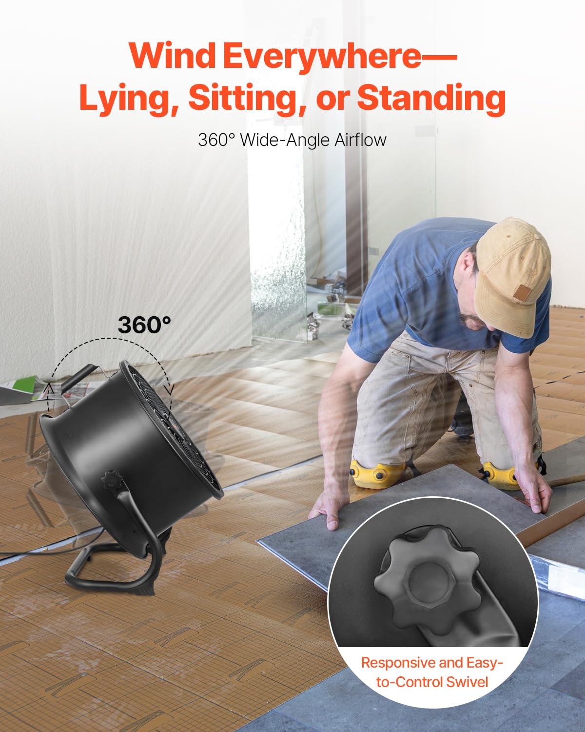 VEVOR Ventilador de Piso de Alta Velocidad de 3 Velocidades, 2520 CFM, Inclinación de 360°, Flujo de Aire de 7,2 m/s, para el Gimnasio, la Tienda Comercial y el Dormitorio, 254 x 508 x 584 mm