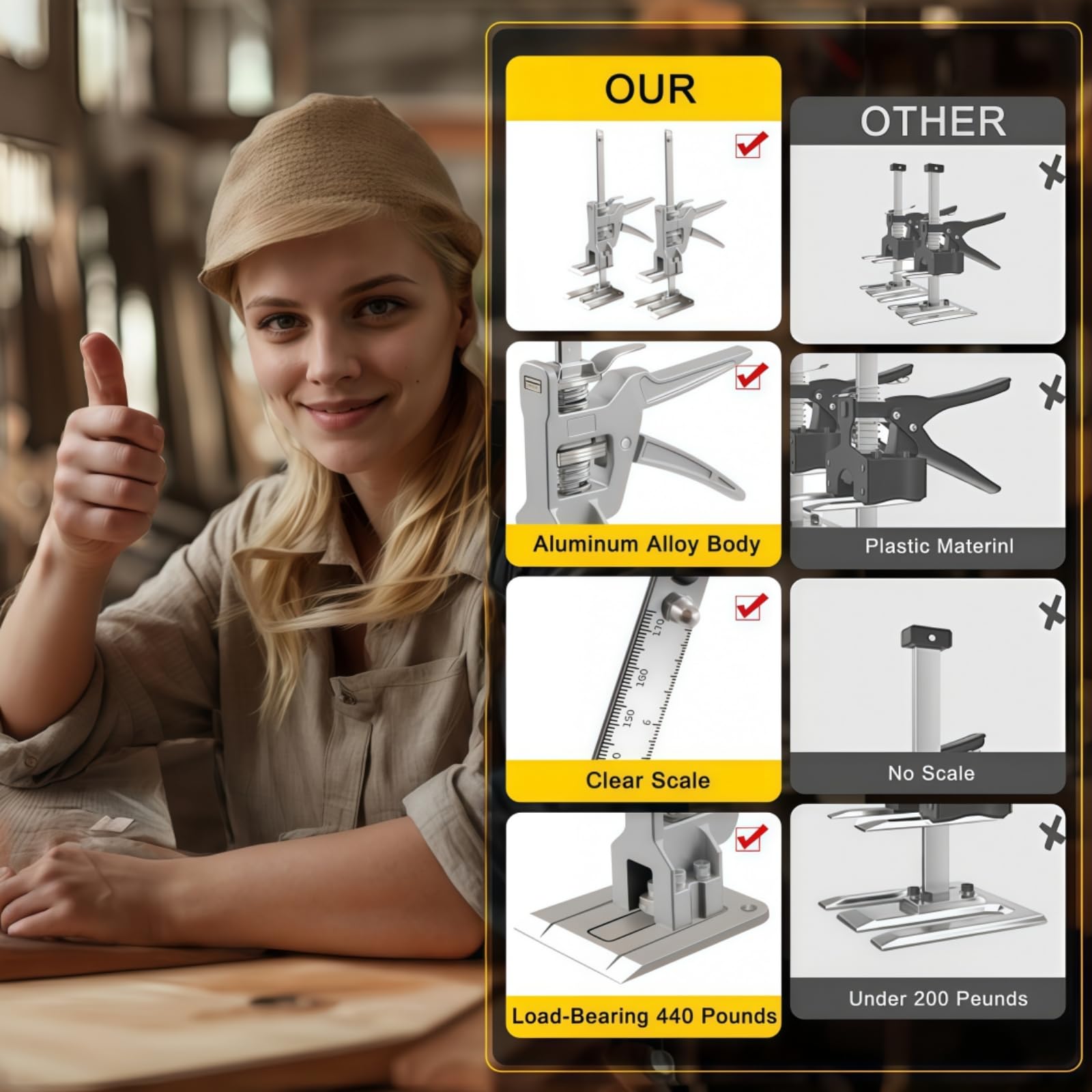 2 Stück Arbeitssparender Armheber - Hand Lifting Jack Tool, Arbeitssparende Hebebühnen, mit Feinabstimmungsfunktion für Die Montage Von Schränken, Türen, Fenstern und Möbeln, Tragkraft 400 kg