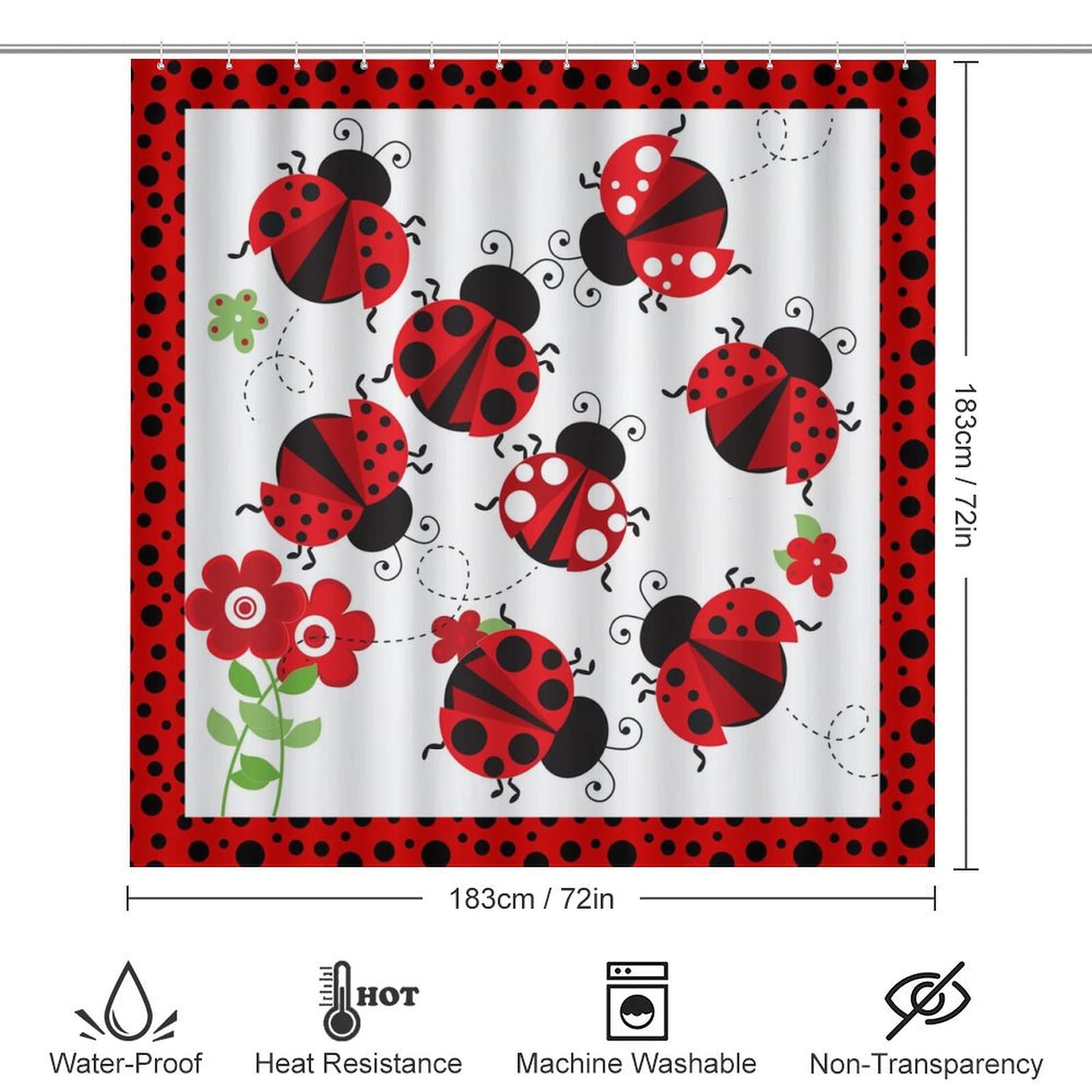 Cartoon Red&Black Ladybug Shower Curtain Sets with Rugs 4 Piece Accessories Bathroom Curtains Shower Set Include Shower Curtain Non-Slip Rug Toilet Lid Cover Bath Mat One Size
