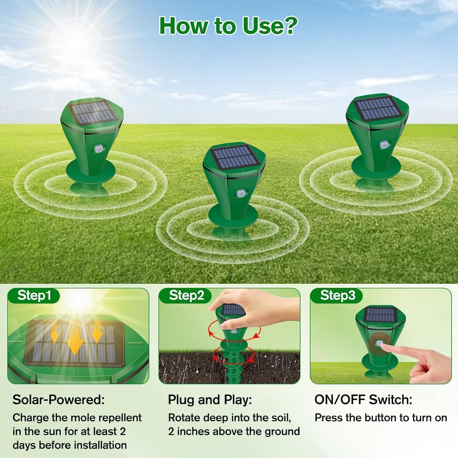 Mole Repellent Solar Powered,6 Pack Ultrasonic Gopher Repeller IP65 Waterproof for Lawn Garden Yard, Sonic Vole Repellent Mole Killer Outdoor Get Rid of Snake Groundhog Chipmunk Squirrels-Green