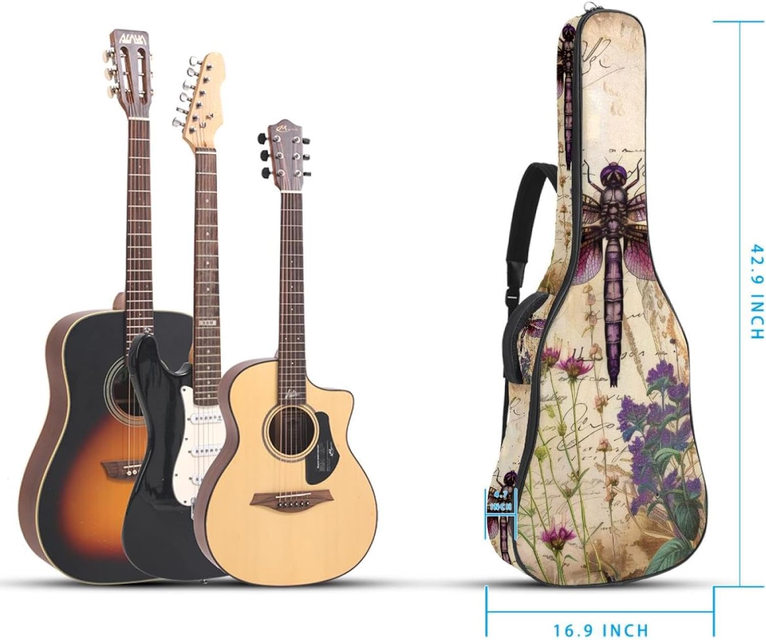 Acoustic Guitar Bag 0.4 Inch Thick Padding Waterproof Guitar Case Gig Bag for 40 41 42 Inch Electric Bass Classical Guitar, Purple Dragonfly Wildflowers Floral Herbs Antique Pattern