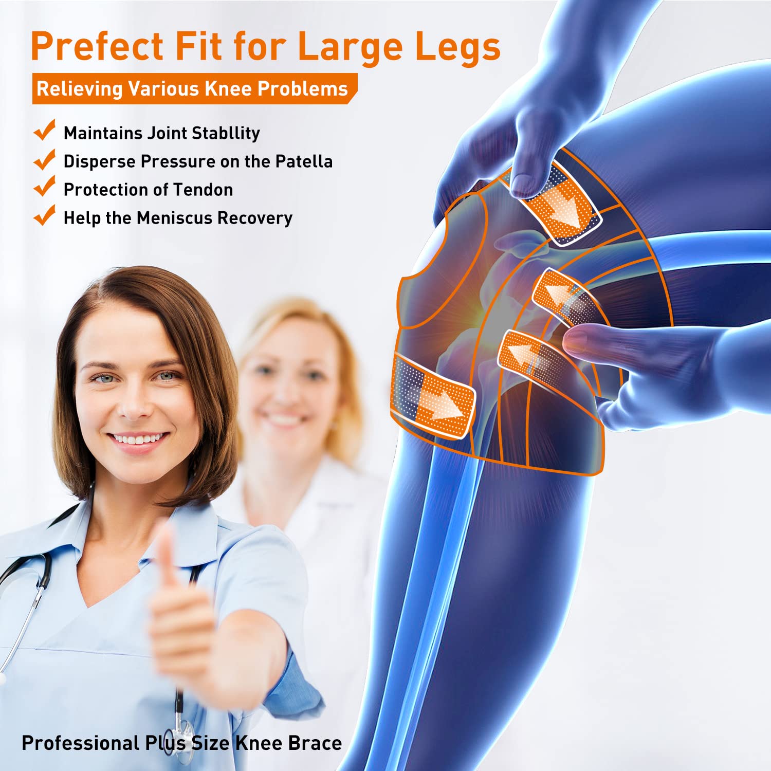 Rodillera de talla grande para hombre y mujer, extra grande, para dolor de rodilla, rodillera de gran tamaño, rodillera con estabilizadores laterales para desgarro de menisco, artritis, condromalacia