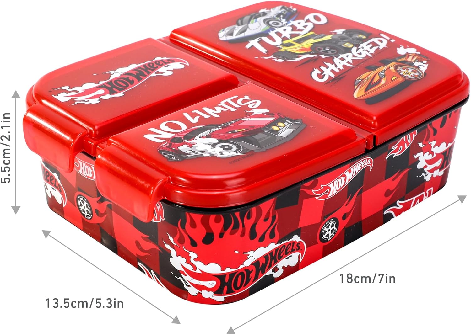 Hot Wheels Kids Childrens Multi Compartment Rectangular School Travel Lunch Food Box Sandwich Bento Container, BPA Free
