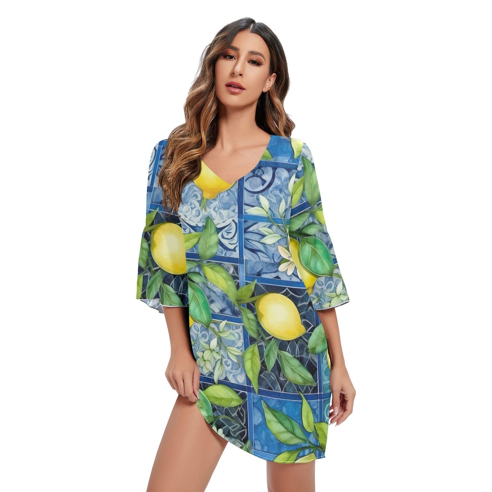 Robe courte bleue imprimé citrons pour vos terrasses d'été - 7