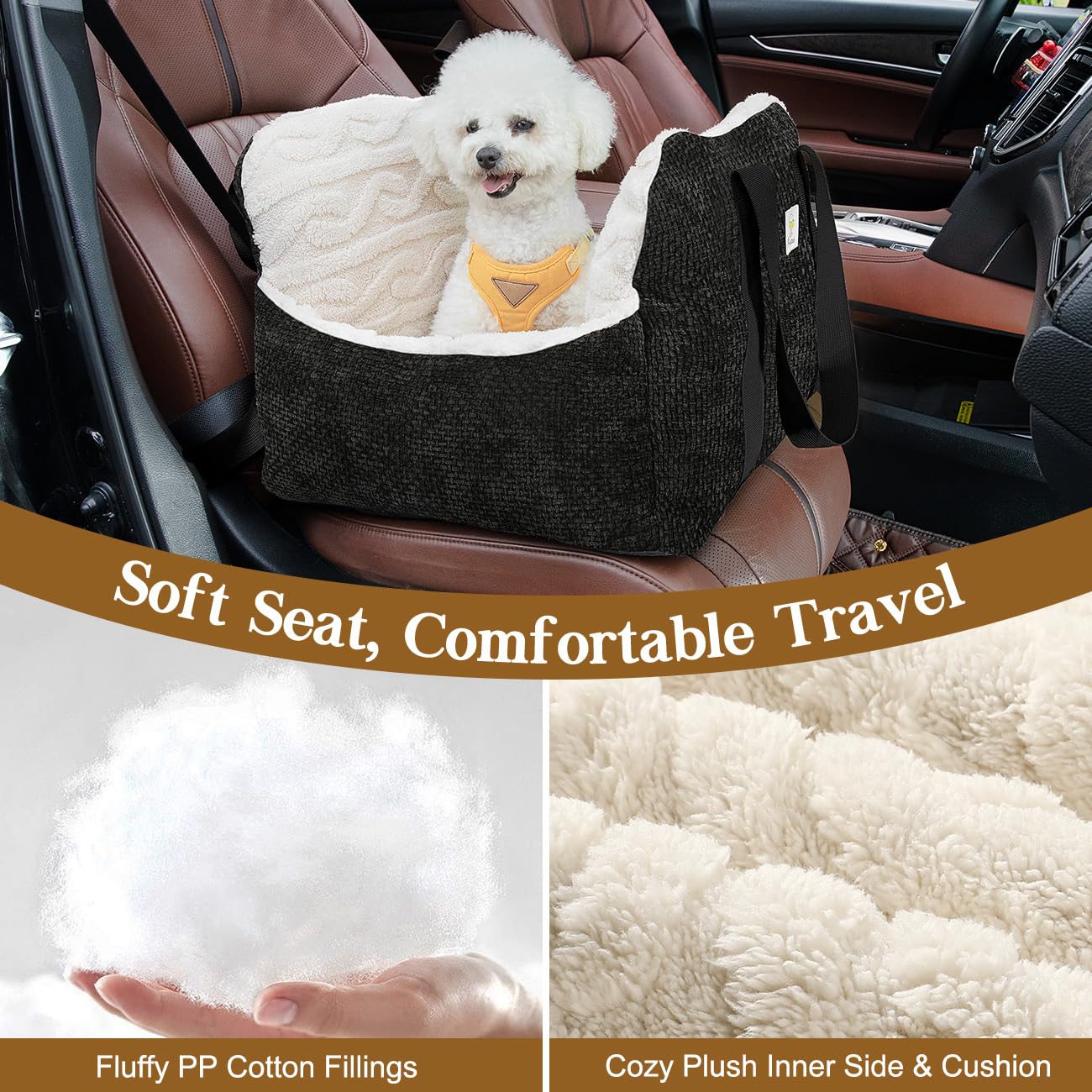 Pawaboo Hund Autositz, Hund Booster Autositz für Klein Hunde, Welpensitz für Auto mit Fest Schnalle und Sicherheitsgurt, Verdickt Hundebett Autositz, Haustier Reise Träger Bett bis zu 25lbs, Schwarz
