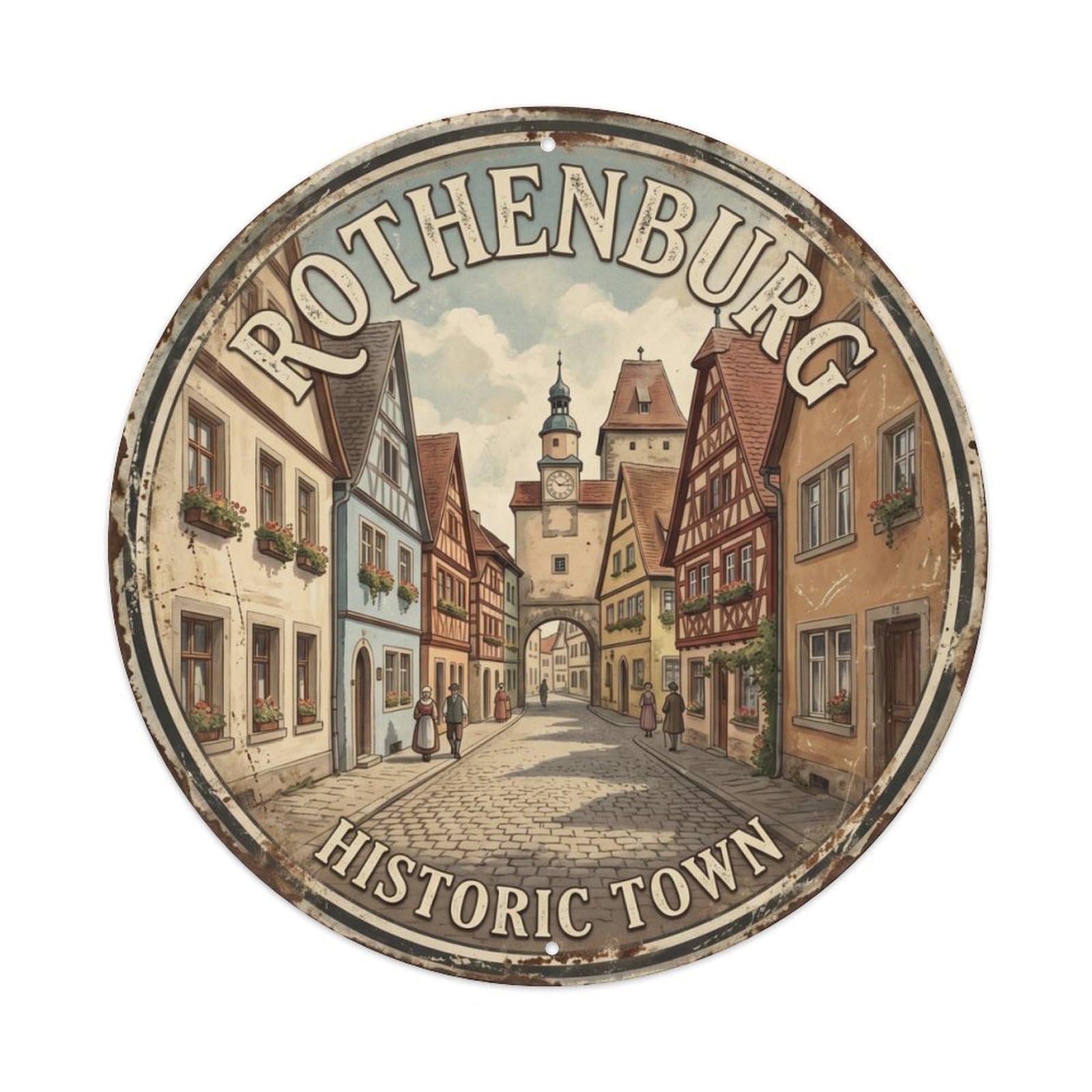 Vintage Travel Rothenburg Germany Historic Metal Tin Sign Plaque Wall Decor for Cafe, Club, Garden Round Metal Poster 8x8Inch