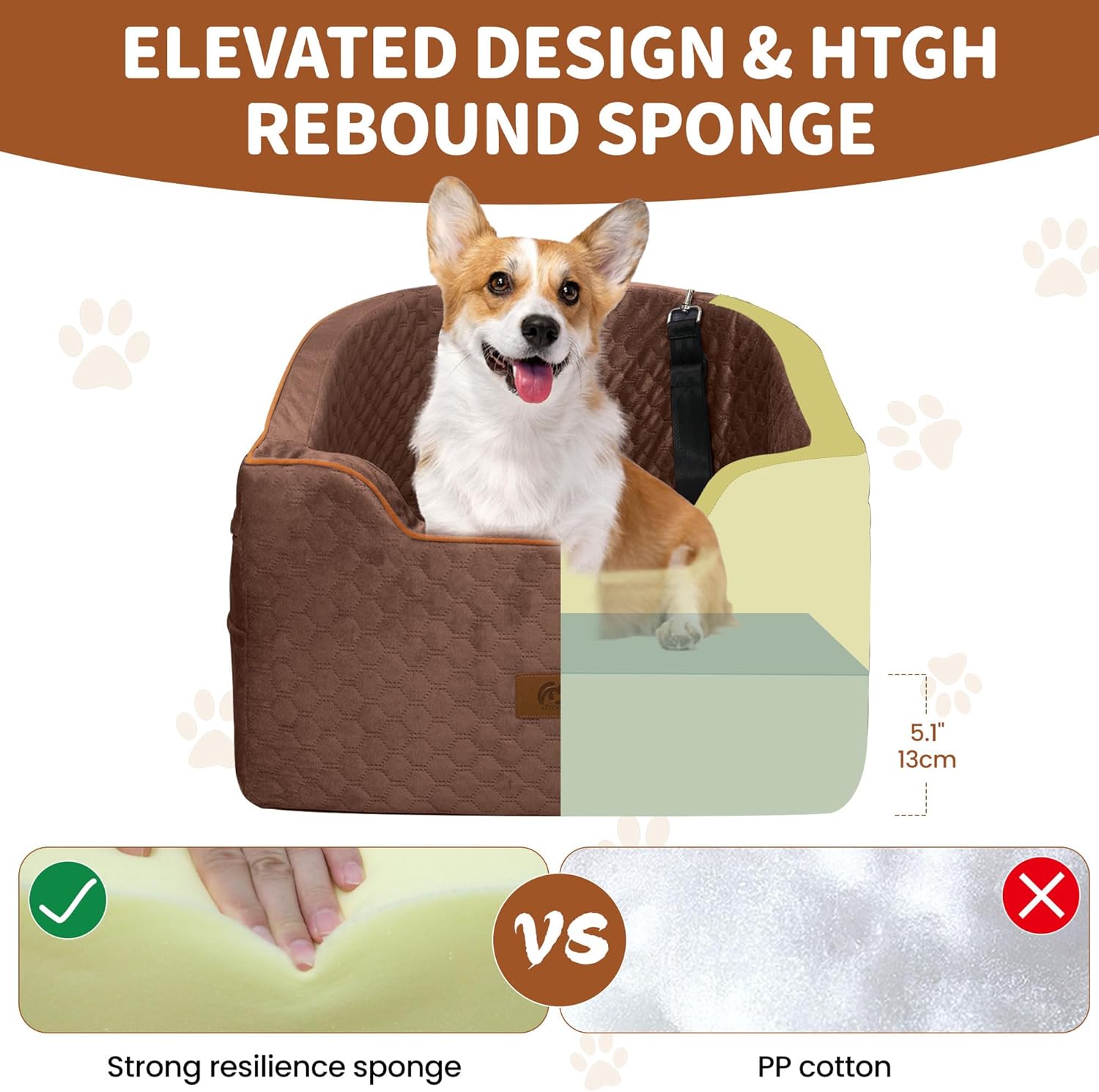 OTOB Memory Foam Dog Car Seat for Small Medium Dogs, Adjustable All Season Booster Car Seat for Dogs up to 37 lbs, Washable Detachable Pet Puppy Dog Bed with Thick Cushion, Brown