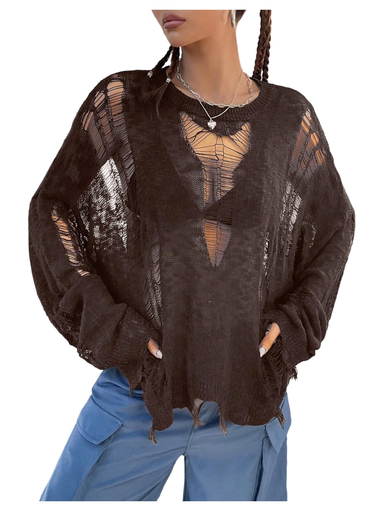 Women's Hollow Out Crochet Sweaters Top Long Sleeve Ripped Knit Top Gothic Clothes Concert Outfits Fall Clothes