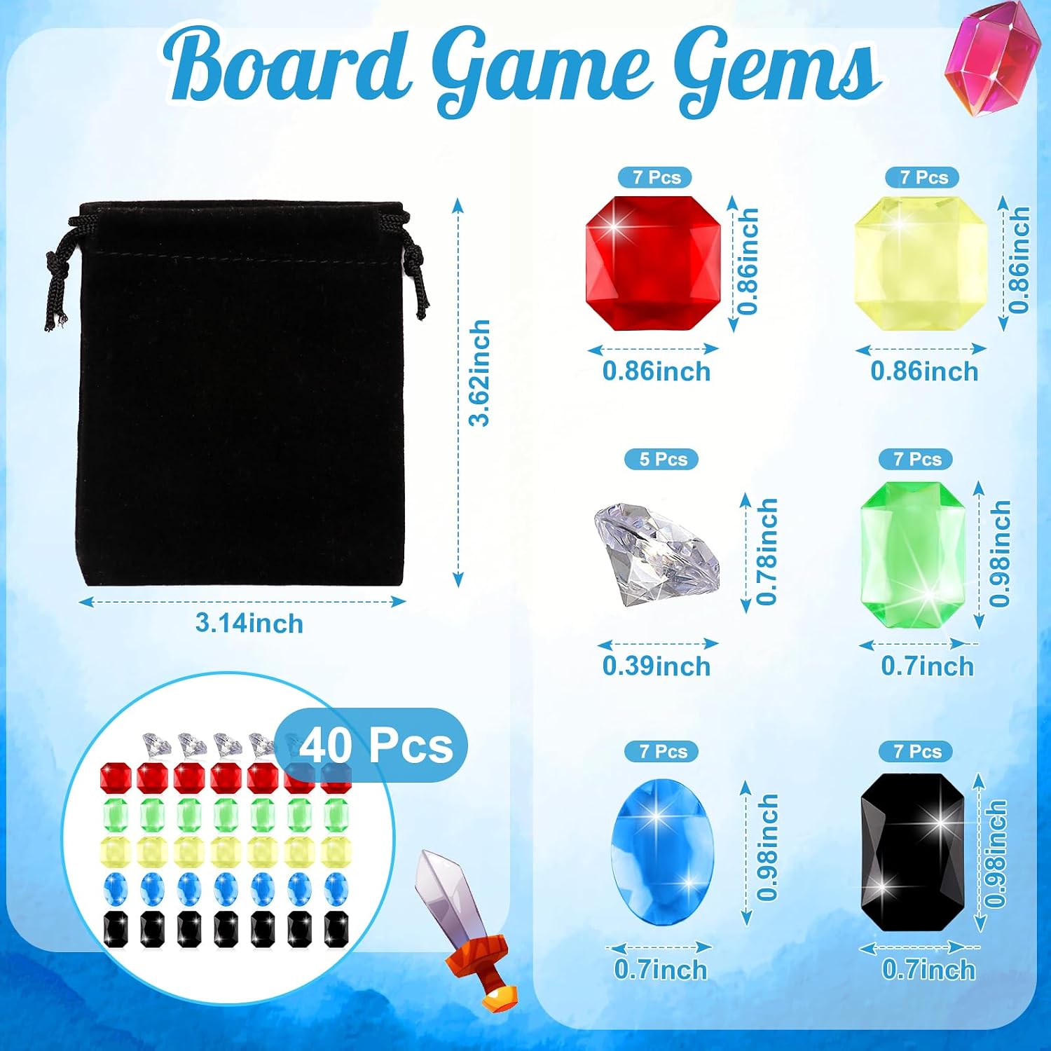 40 Pcs Board Game Gems 6 Styles Board Game Gemstones with Black Drawstring Bag Glass Gemstones Multicolor Pirate Treasure Gems for Adults 2-4 Players Family Party Gifts 30 Min Playtime image 2