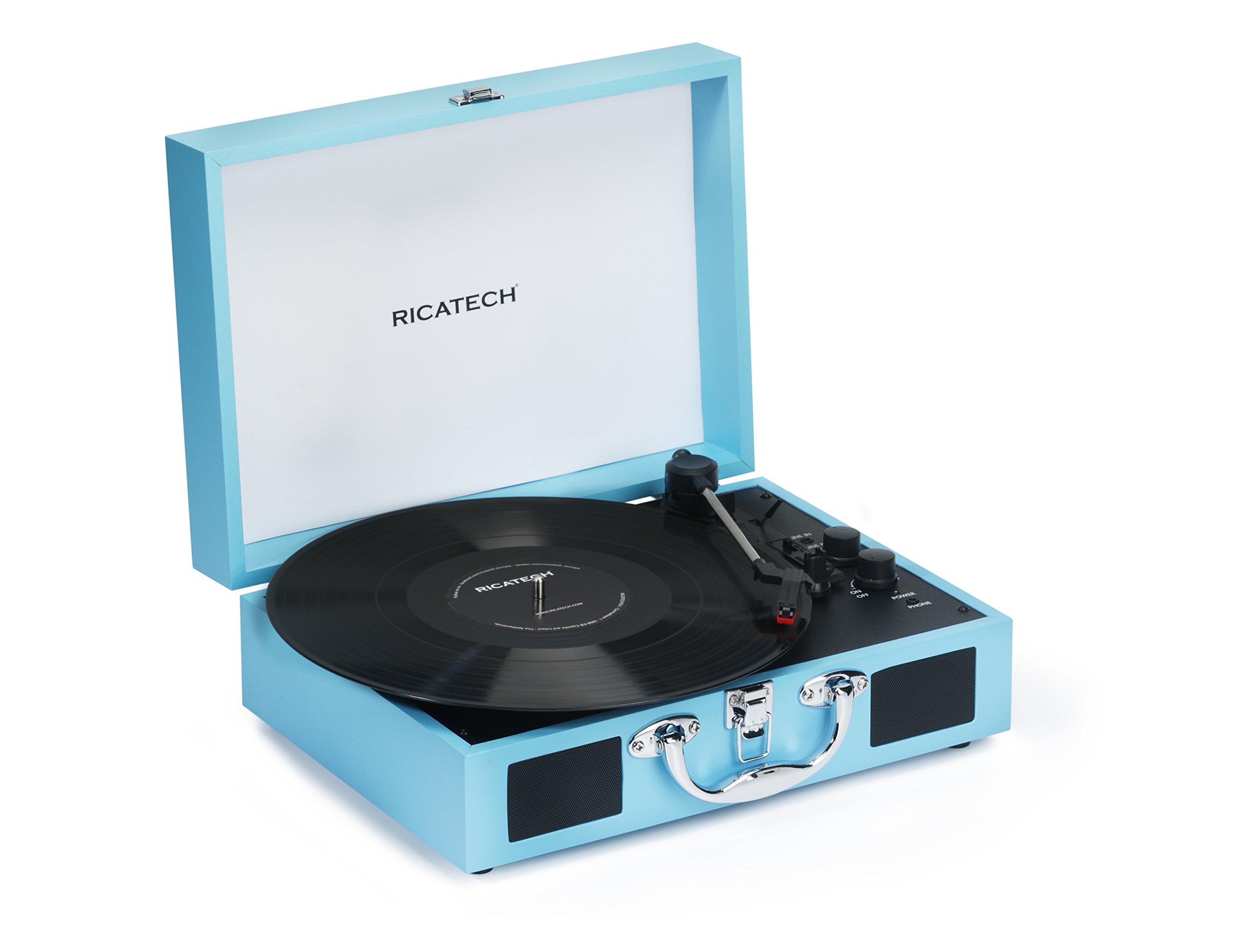 Ricatech RTT21 Tourne-disque, Tourne-disque Portatif Léger Avec des Haut-Parleurs, Trois Vitesses, Bluetooth, Prise Casque, Lecture MP3. Magnifique Valise de Lecteur de Style de Vinyle (Bleu)