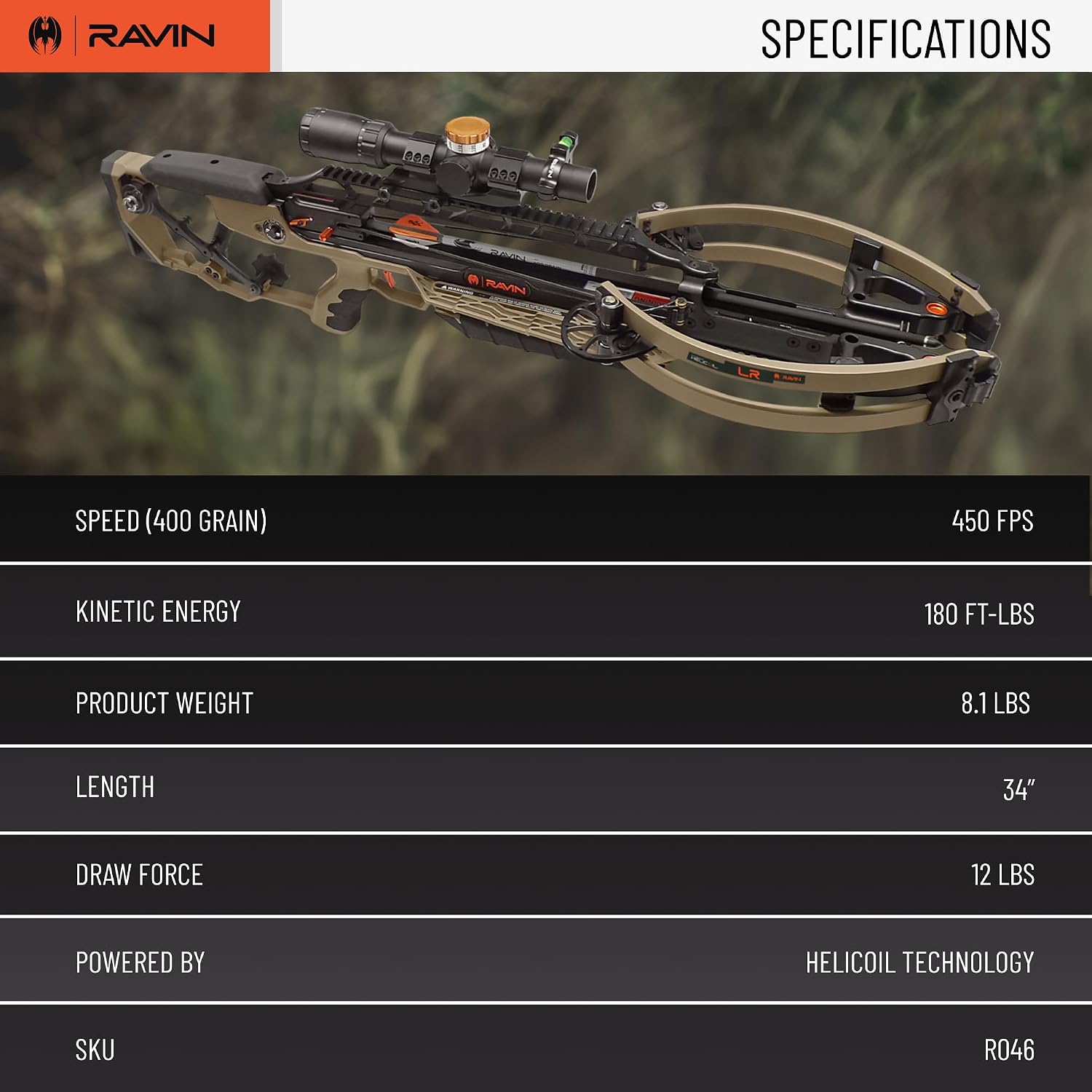 RAVIN LR Crossbow Package for Archery & Hunting – High-Performance Long-Range Hunting Bow w/Helicoil Technology, Silent Cocking System & Adjustable Turret Scope – 450 FPS, Pre-Assembled & Lightweight