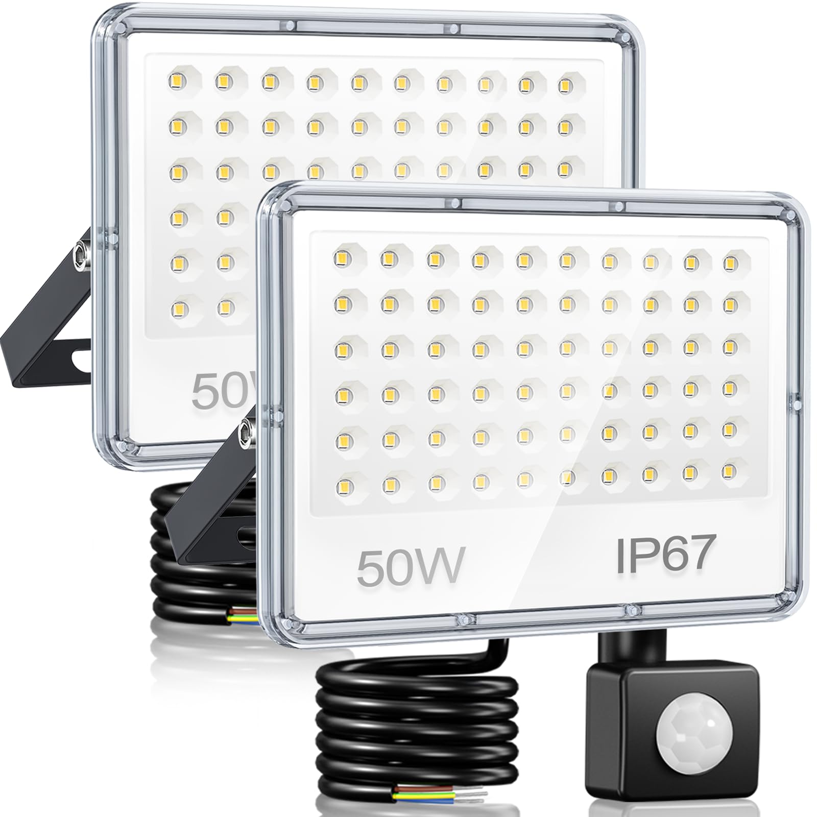 YIQIBRO 50W LED Strahler mit Bewegungsmelder Außen - 2 Stück 5000LM Scheinwerfer mit Bewegungsmelder, 6500K Kaltweiß Außenstrahler, IP67 Wasserdichte LED Fluter für Lager Garten Garage Keller Tür