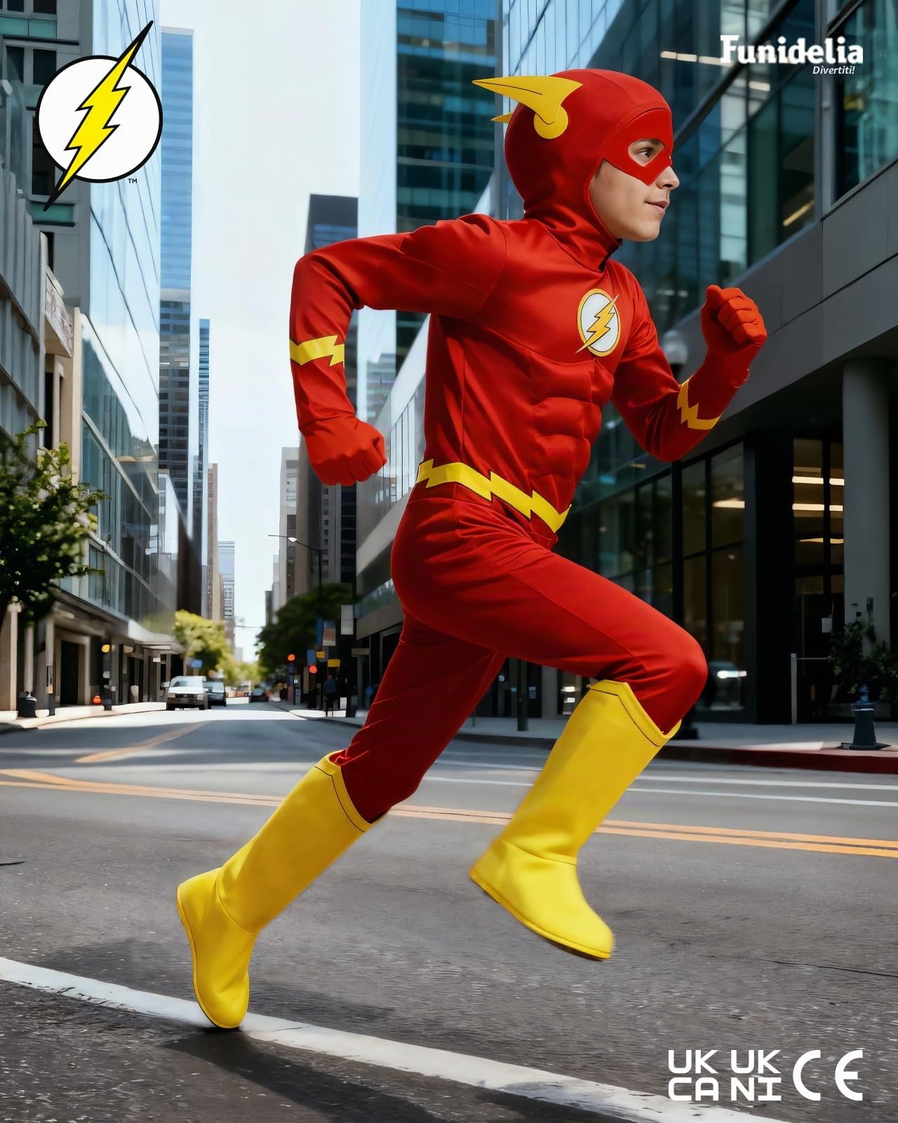 Funidelia Costume Ufficiale di Flash Deluxe per bambino, Include tuta, guanti, cappuccio con ali e copristivali, Supereroi, DC Comics - Tenuta per bambini per Carnevale e Halloween - Taglia 5-6 anni