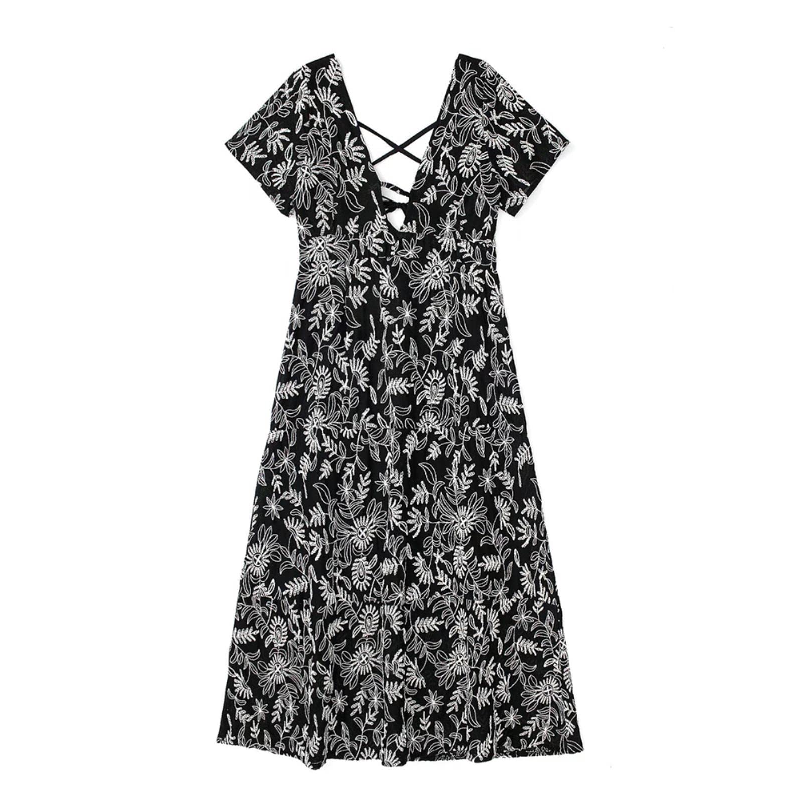 Vestido largo bordado de las mujeres manga corta con cordones espalda elegante dama elegante vestidos largos femenina bata