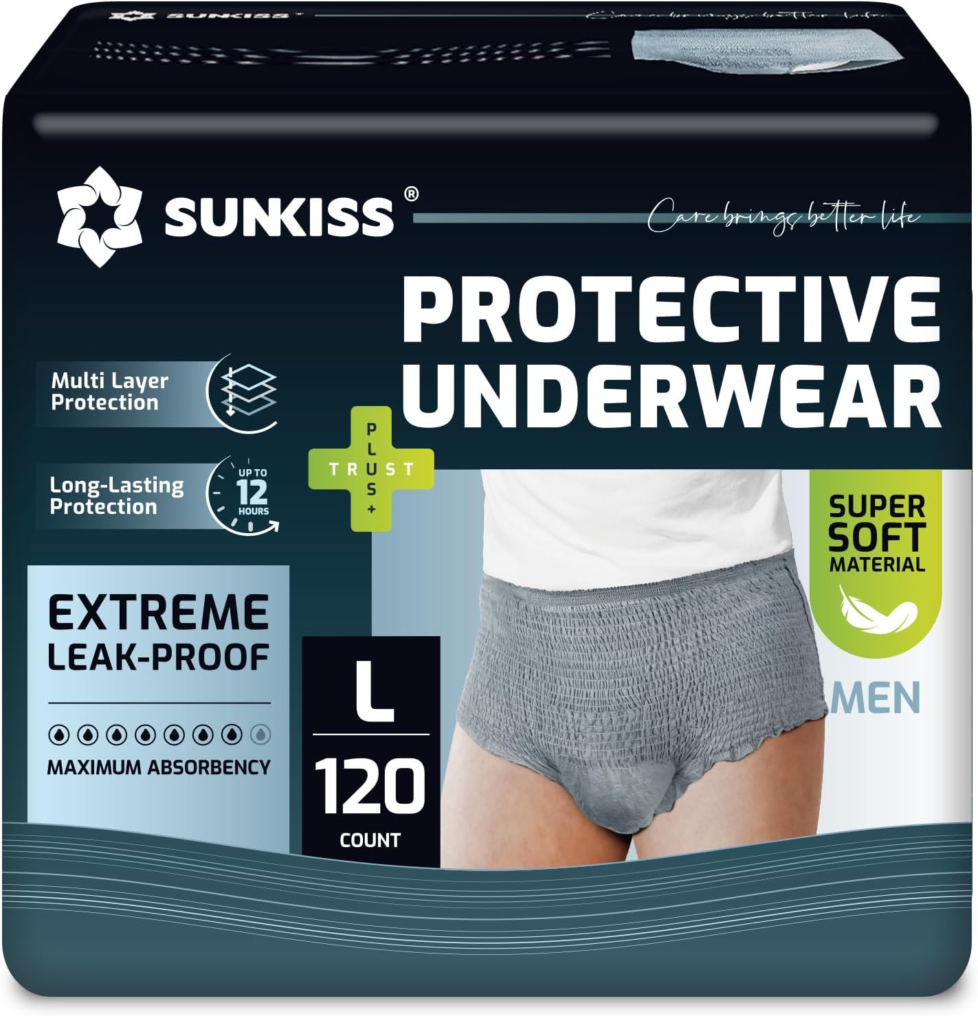 SUNKISS Incontinence Underwear for Men, Daytime Disposable Adult Pull Ups, Mens Protective Briefs with Maximum Absorbency, Large, Grey, 120 Count