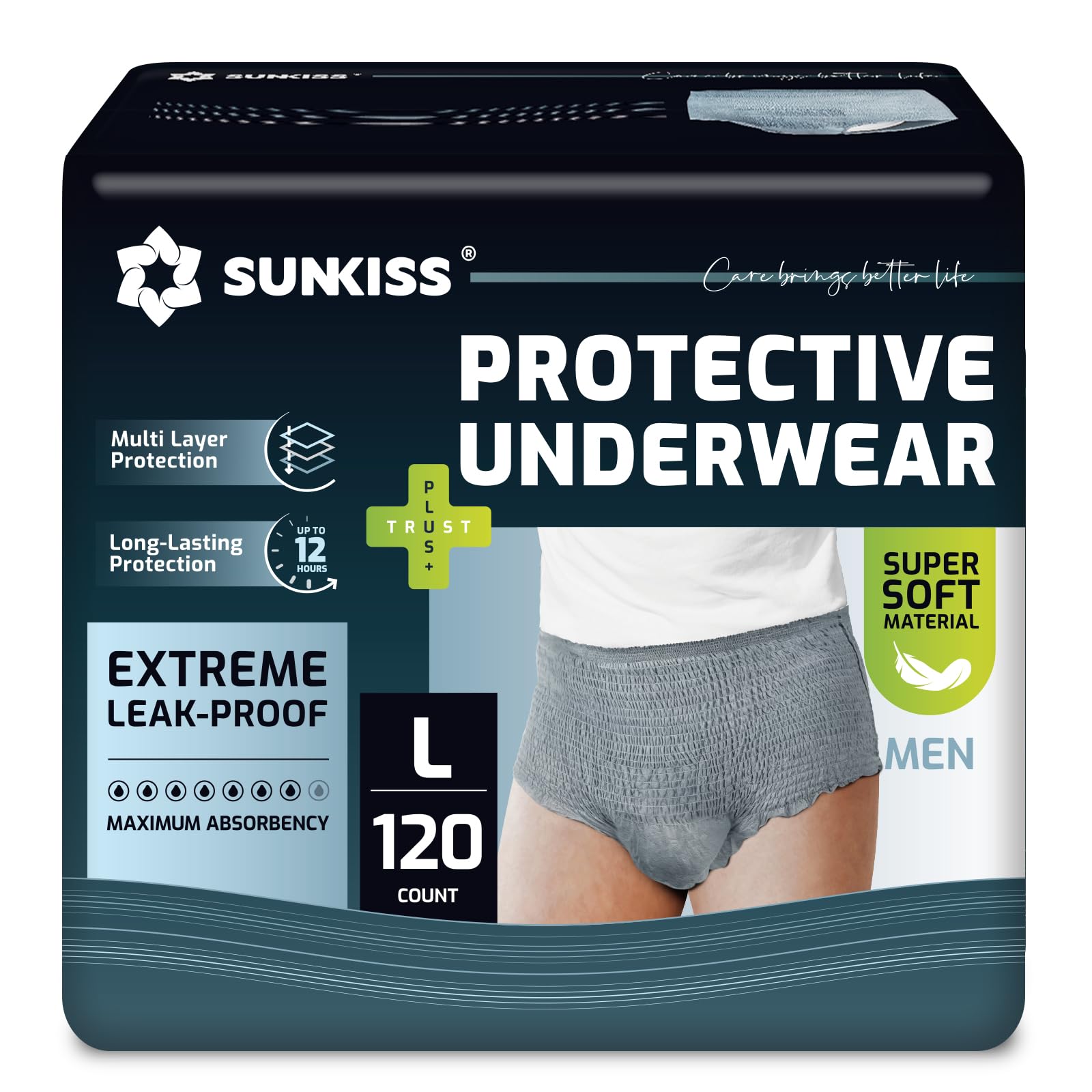SUNKISS Incontinence Underwear for Men, Daytime Disposable Adult Pull Ups, Mens Protective Briefs with Maximum Absorbency, Large, Grey, 120 Count