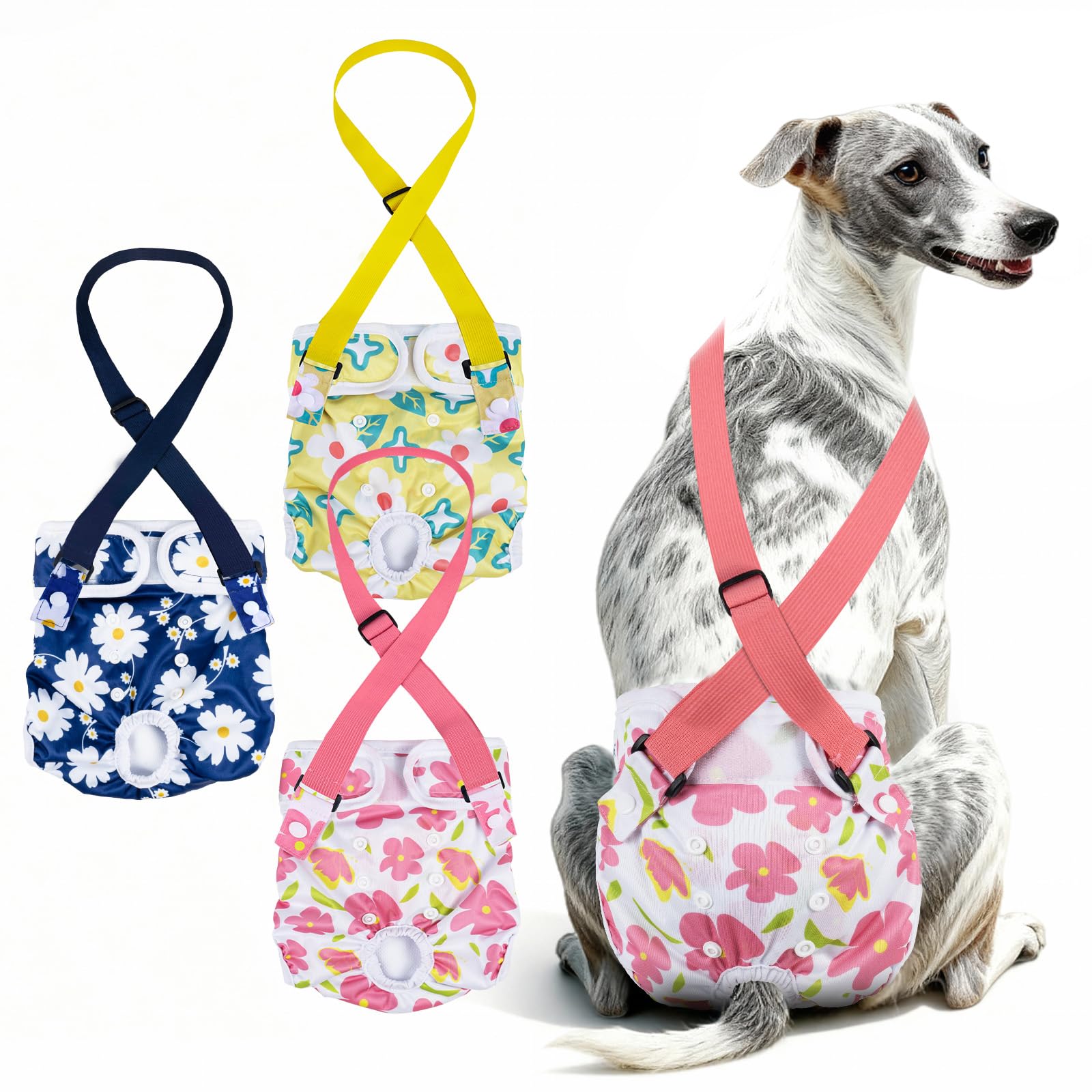 MICOOYO Dog Nappies Female Washable,Doggy Period Pants with Suspender, 3 Pack Dog Diapers Female, Adjustable Hygiene Pants for Pets（Small,PBY）