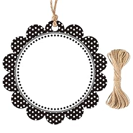 G2PLUS Gift Tags with String-50PCS Round Scalloped Paper Tags 2.5inches Large Blank Hanging Labels Craft Tag Black White Polka Dots Flower Edge Gift Wrap Hangtag for Wedding, Halloween Party Favors