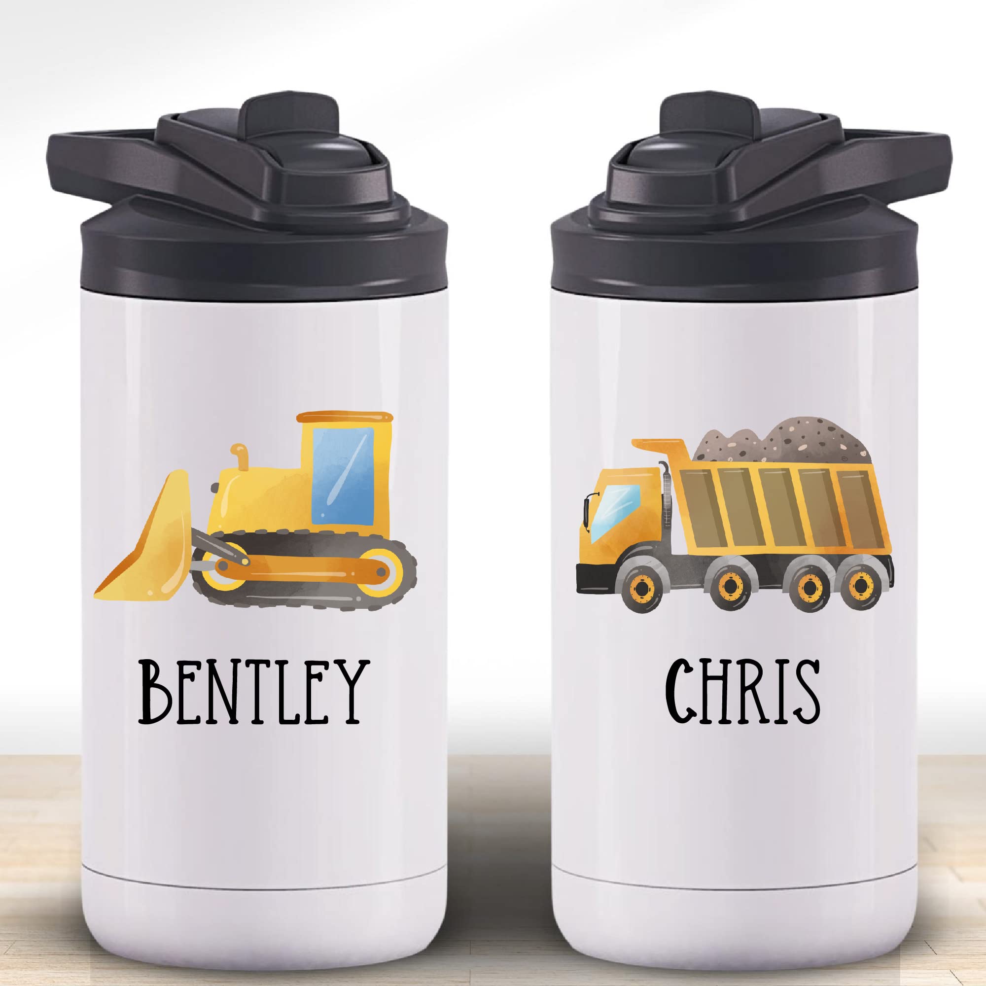 AVITO Personalized Kids Construction Gift - Stainless Steel - 12 oz Bottle with Closing Straw Lid - Kids Water Bottle - Childrens Construction Cup - Gift for Toddler - Construction