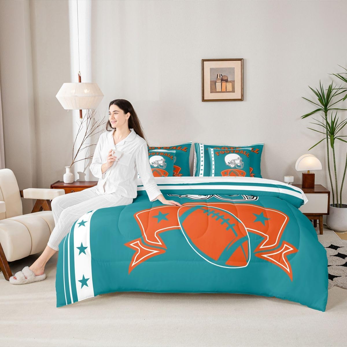 Erosebridal Queen Size Gridiron Seasonal Comforter Set Football City Bed Set Dolphin Bedding Sets for Sports Fans, 1 Comforter, 1 Flat Sheet 1 Fitted Sheet 2 Pillowcases 2 Throw Pillow Covers - Image 2