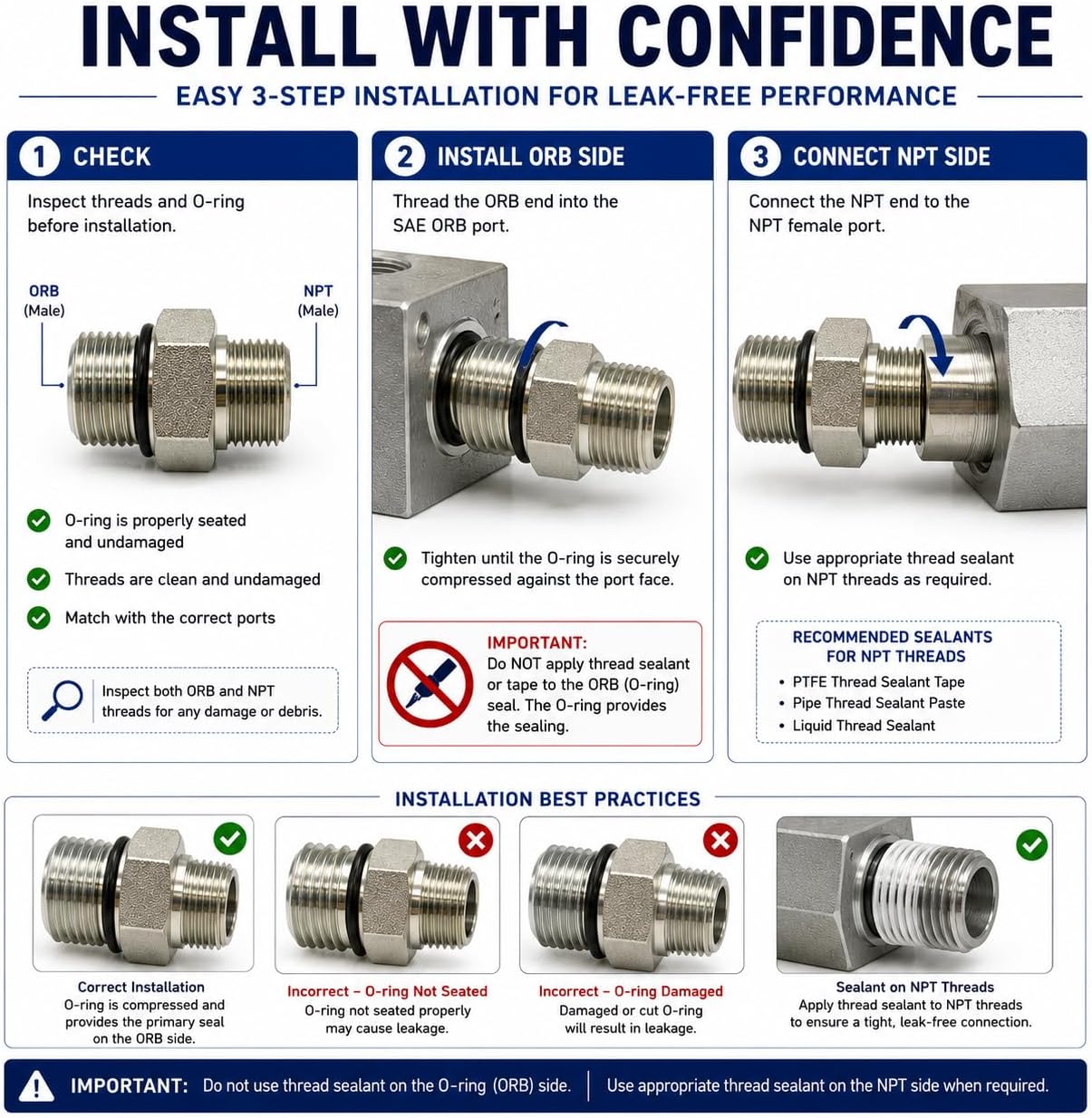 6401-04-04 SAE-4 ORB to 1/4" NPTF Male Adapter, Steel, 4 Pack