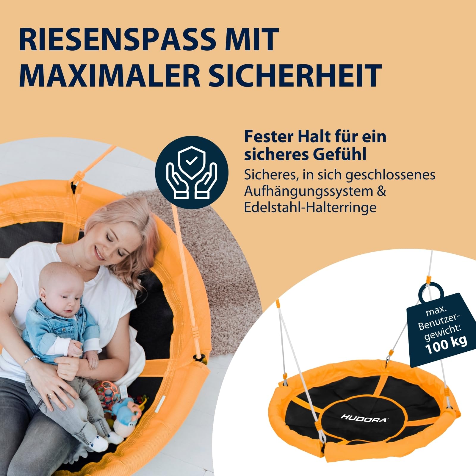 HUDORA Nestschaukel 110 - grün/orangefarbene Schaukel für bis zu 100kg - Hängeschaukel mit 110cm Durchmesser für drinnen & draußen - Höhenverstellbare Familienschaukel für Kinder & Erwachsene