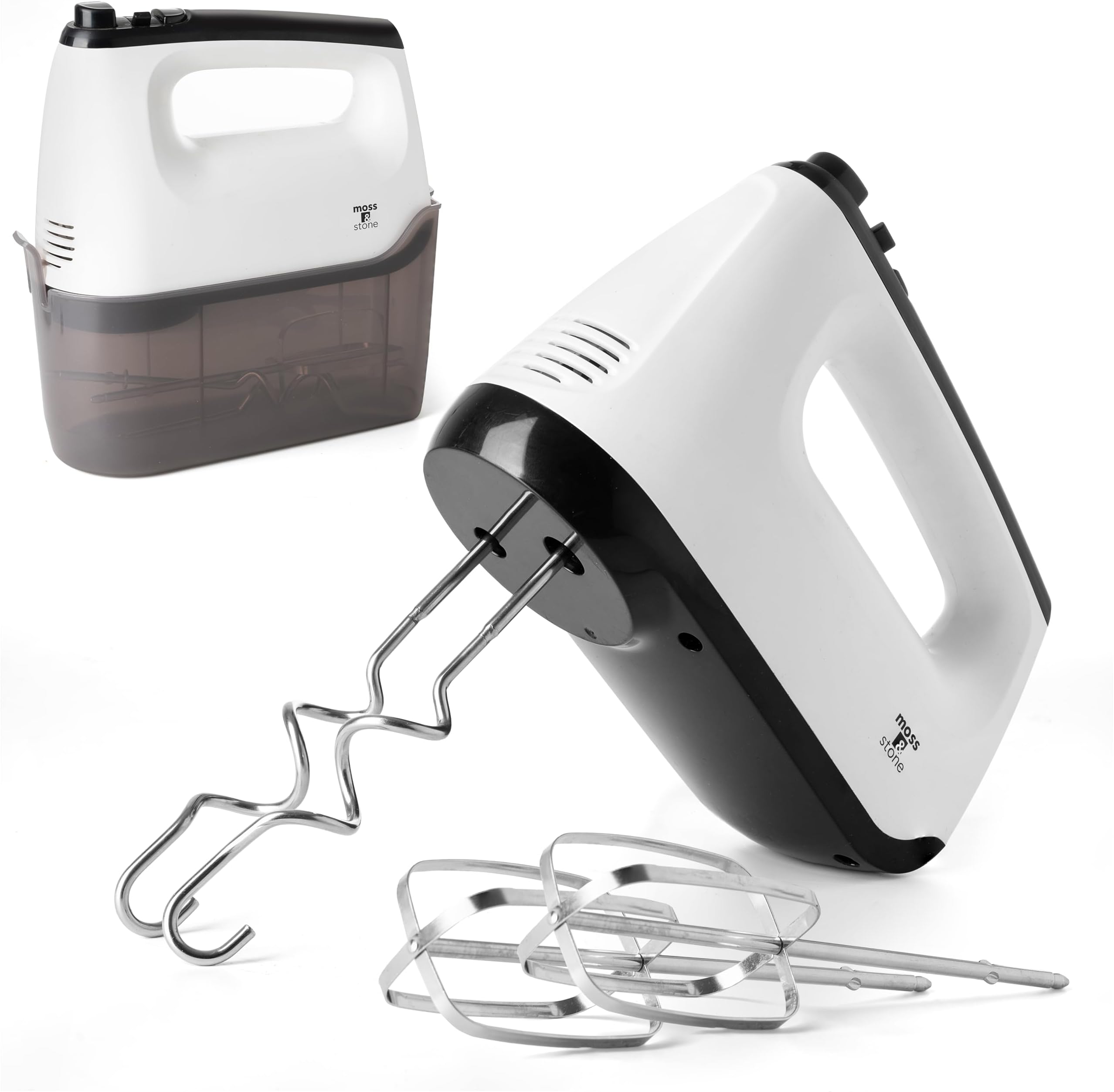 White Hand Mixer With Snap-On Storage Case, 6 Speed Hand Mixer Electric, 250w Power handheld Mixer for Baking Cake Egg Cream Food Beater, & 4 Stainless Steel Accessories