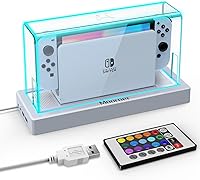 Vista 1 de Mooroer Dust Cover with 16 LED Colors Light Base for Nintendo SwitchOLED, Acrylic Clear Display Box Anti-Scratch Waterproof Slim Dock Case, Cool