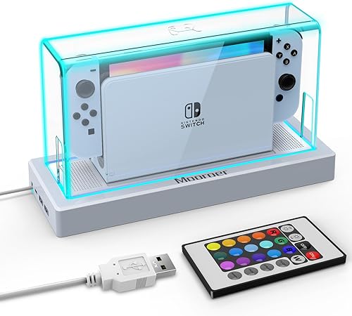 Mooroer Dust Cover with 16 LED Colors Light Base for Nintendo SwitchOLED, Acrylic Clear Display Box Anti-Scratch Waterproof Slim Dock Case, Cool