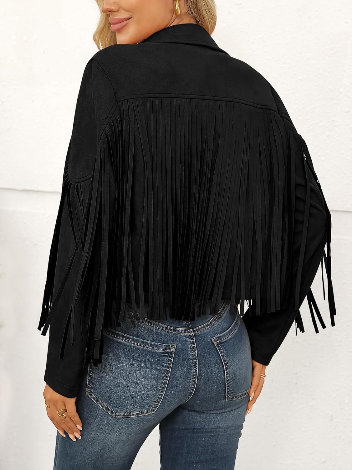 LILLUSORY Womens Cropped Fringe Faux Suede Leather Fall Jackets Western Cowgirl Country Concert Outfits - Image 4