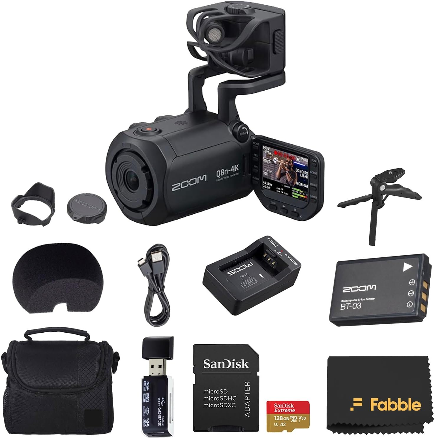 Zoom Q8n-4K Ultra HD Handy Video Recorder Bundle with 128GB microSDXC Card, Table Tripod Hand Grip, SLR Gadget Bag, USB Card Reader, Rechargeable Battery, Charger, and Microfiber Cleaning Cloth