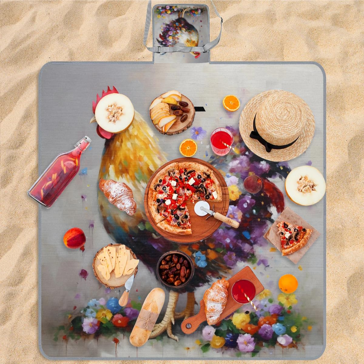Mantas de picnic de 150 x 145 cm, diseño de flores de aceite, gallo y pollo, manta de playa plegable para exteriores, impermeable, para playa, camping, senderismo, picnic